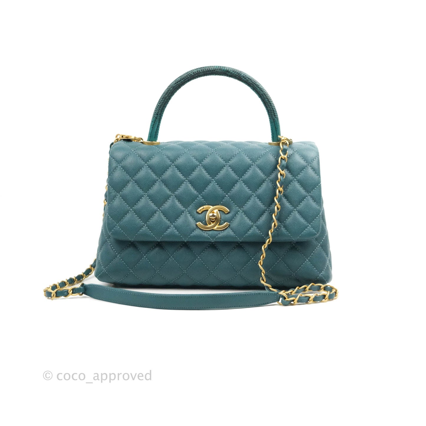 Chanel Medium Coco Handle Quilted Teal Caviar Lizard Handle Aged Gold Hardware