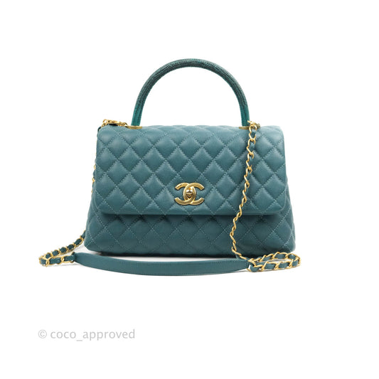 Chanel Medium Coco Handle Quilted Teal Caviar Lizard Handle Aged Gold Hardware
