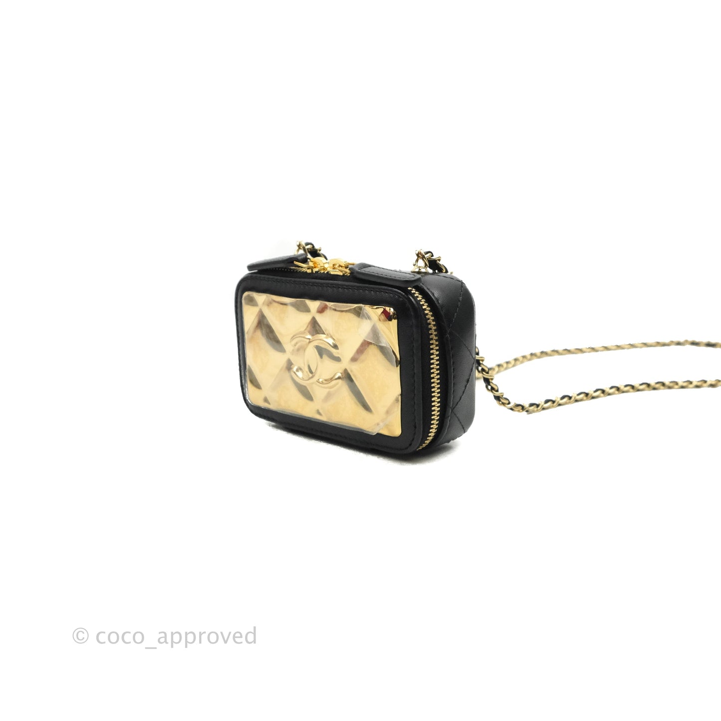 Chanel Quilted Mini Golden Plate Vanity Case With Chain Black Lambskin Gold Hardware