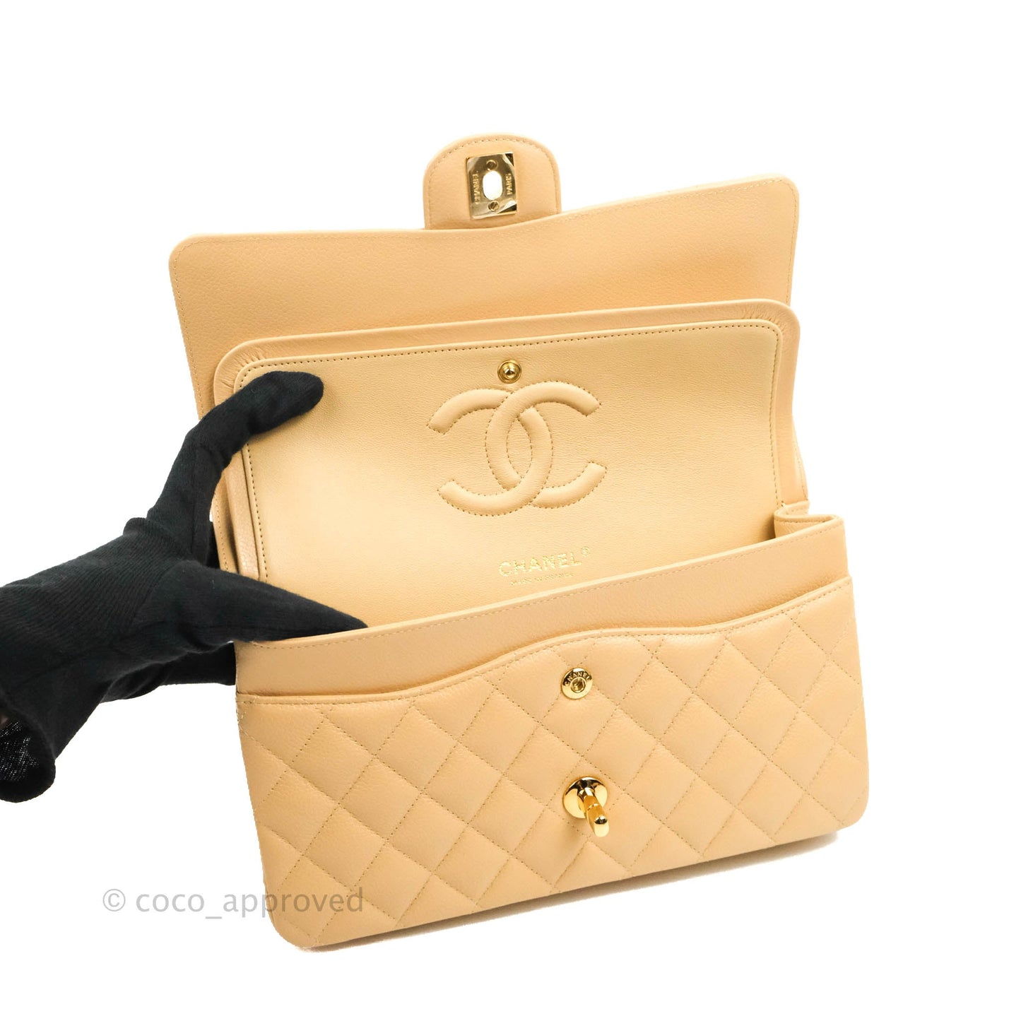 Chanel Classic M/L Medium Flap Quilted Beige Caviar Gold Hardware