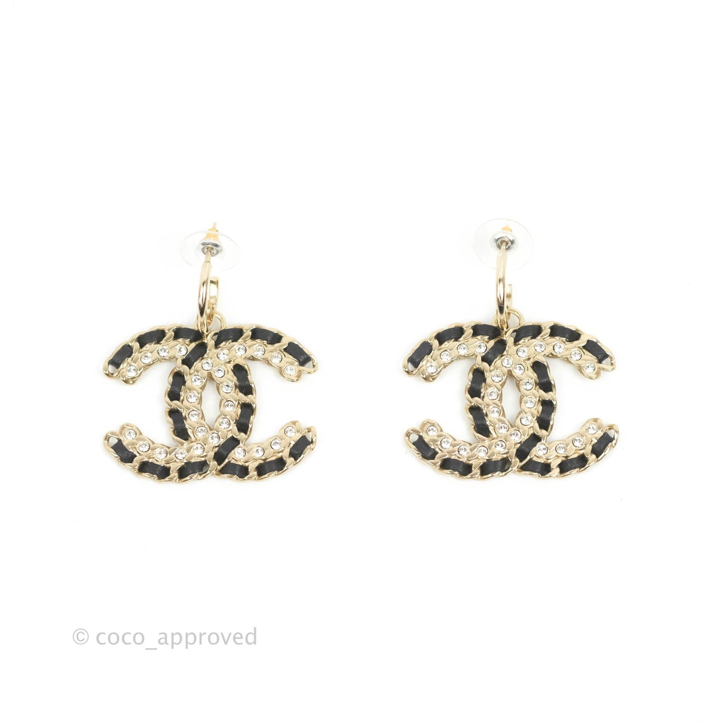 Chanel Crystal CC Braided Black Leather Drop Earrings Gold Hardware 20C