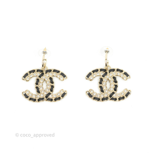 Chanel Crystal CC Braided Black Leather Drop Earrings Gold Hardware 20C