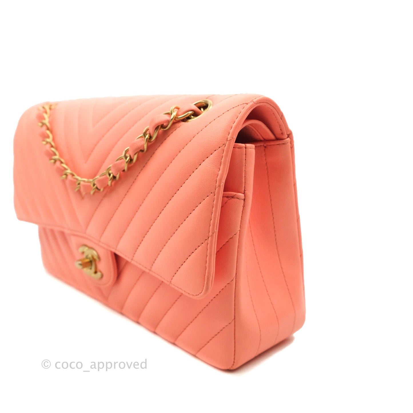 Chanel Classic M/L Medium Chevron Double Flap Coral Pink Lambskin Aged Gold Hardware
