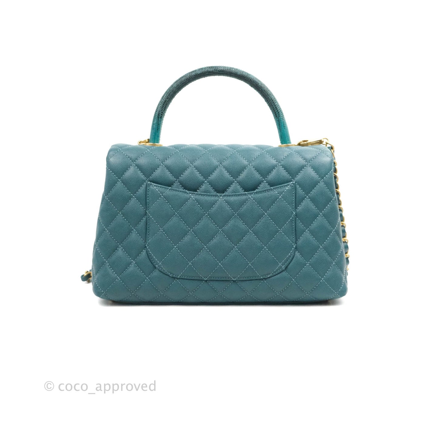 Chanel Medium Coco Handle Quilted Teal Caviar Lizard Handle Aged Gold Hardware