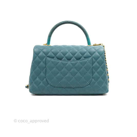 Chanel Medium Coco Handle Quilted Teal Caviar Lizard Handle Aged Gold Hardware
