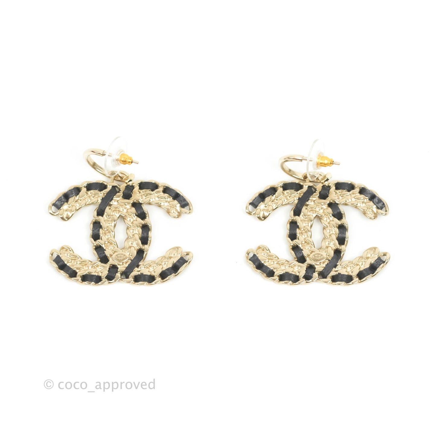 Chanel Crystal CC Braided Black Leather Drop Earrings Gold Hardware 20C