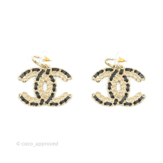 Chanel Crystal CC Braided Black Leather Drop Earrings Gold Hardware 20C