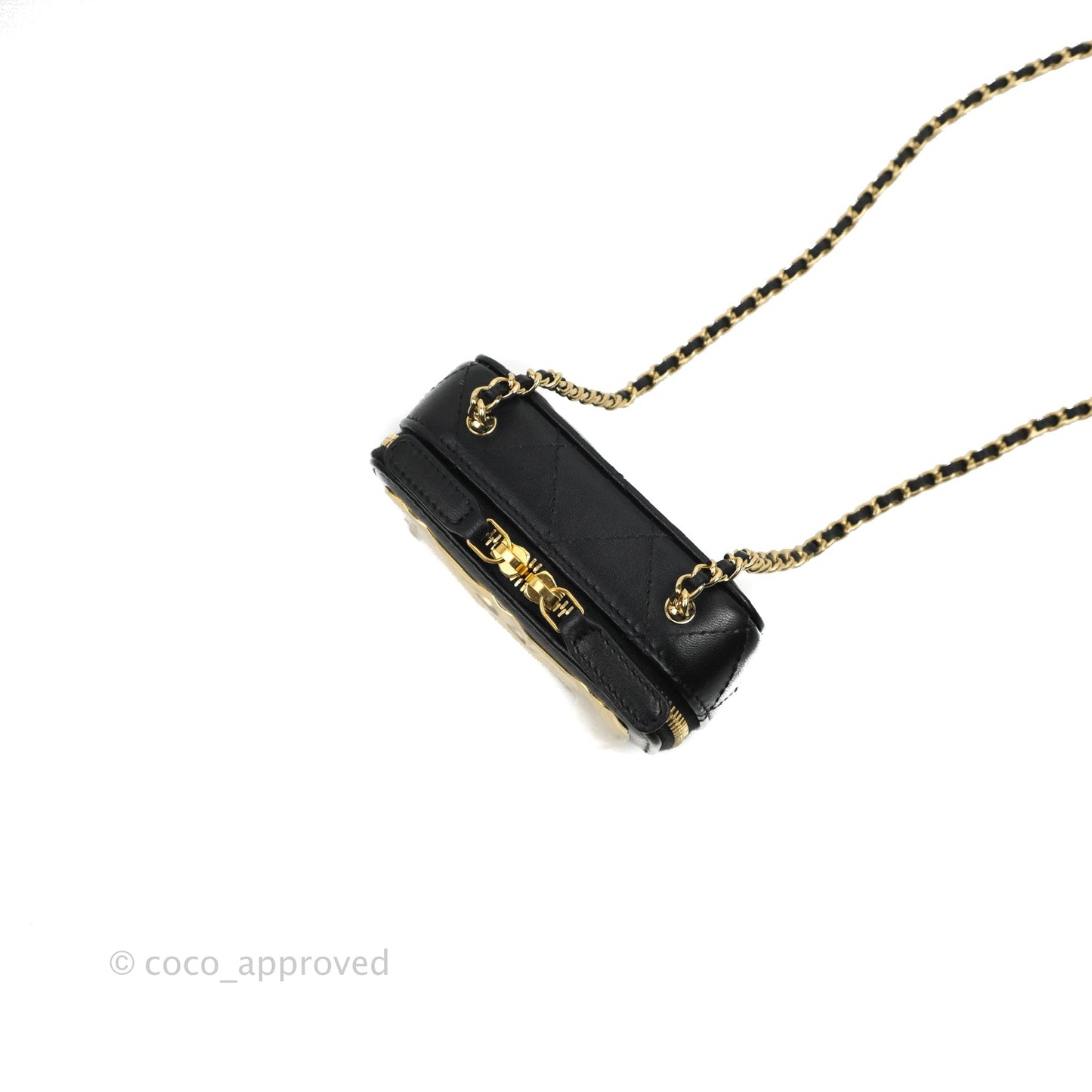 Chanel Quilted Mini Golden Plate Vanity Case With Chain Black Lambskin Gold Hardware