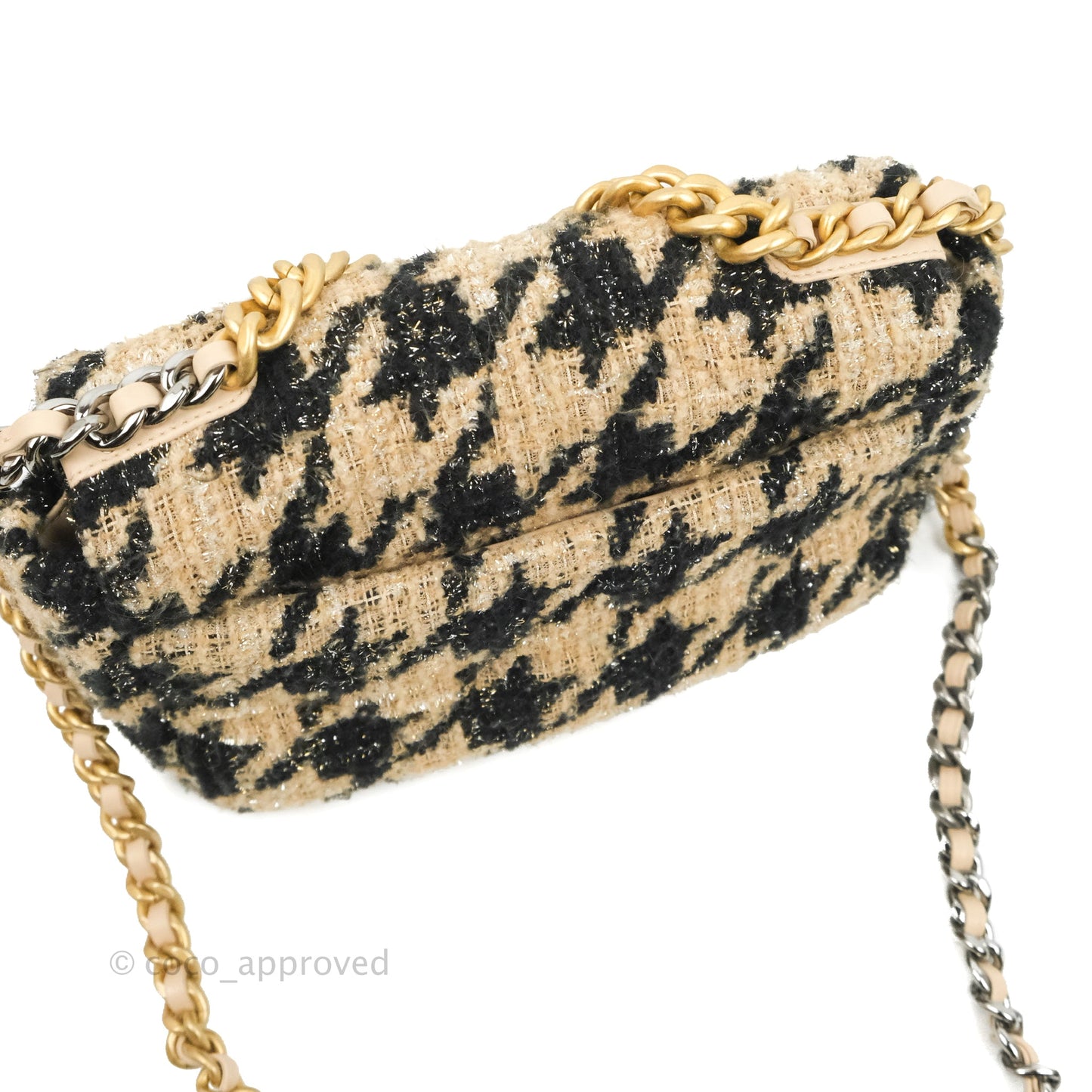 Chanel 19 Small Tweed Houndstooth Black Beige Mixed Hardware