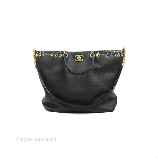 Chanel Quilted Shopping Tote Black Caviar Aged Gold Hardware 18C