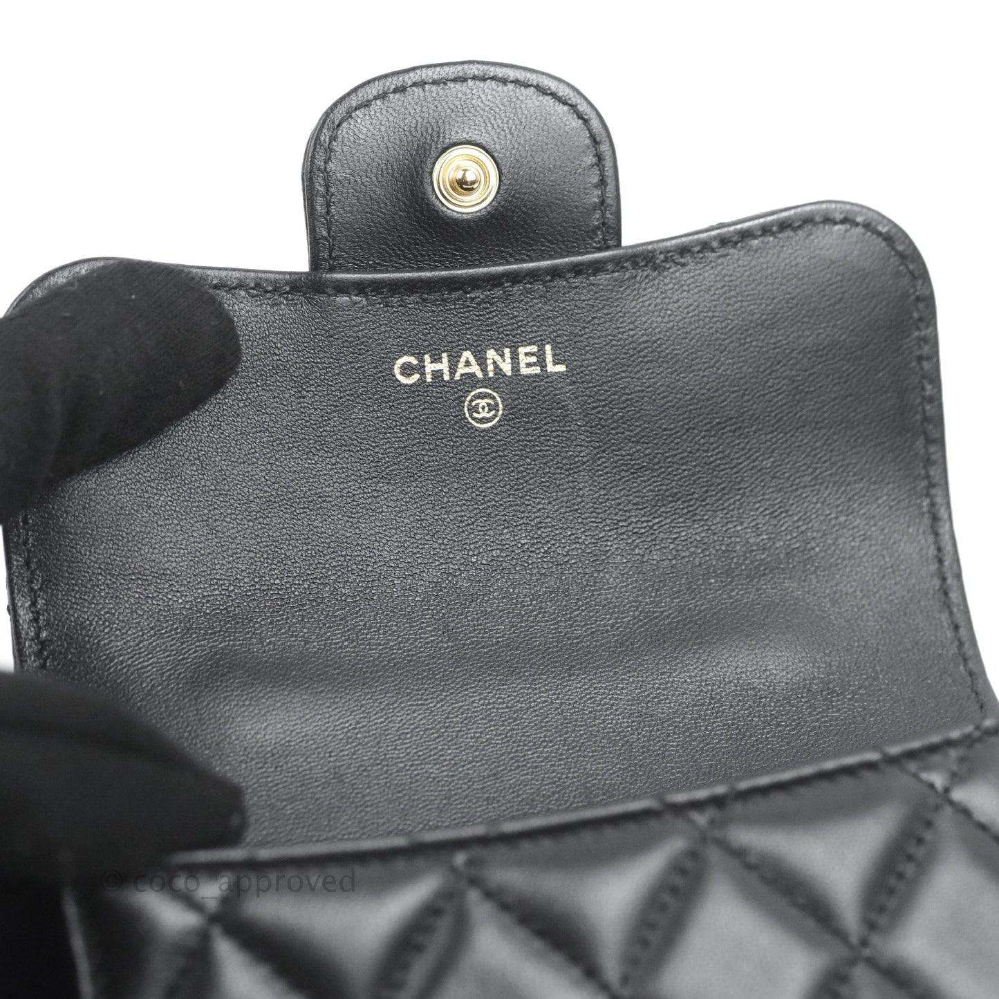 Chanel Mini Handle Flap Coin Purse With Chain Black Lambskin Gold Hardware