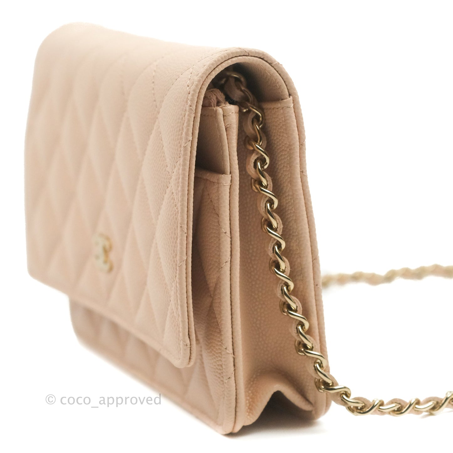 Chanel Quilted Classic Wallet on Chain WOC Light Beige Caviar Gold Hardware