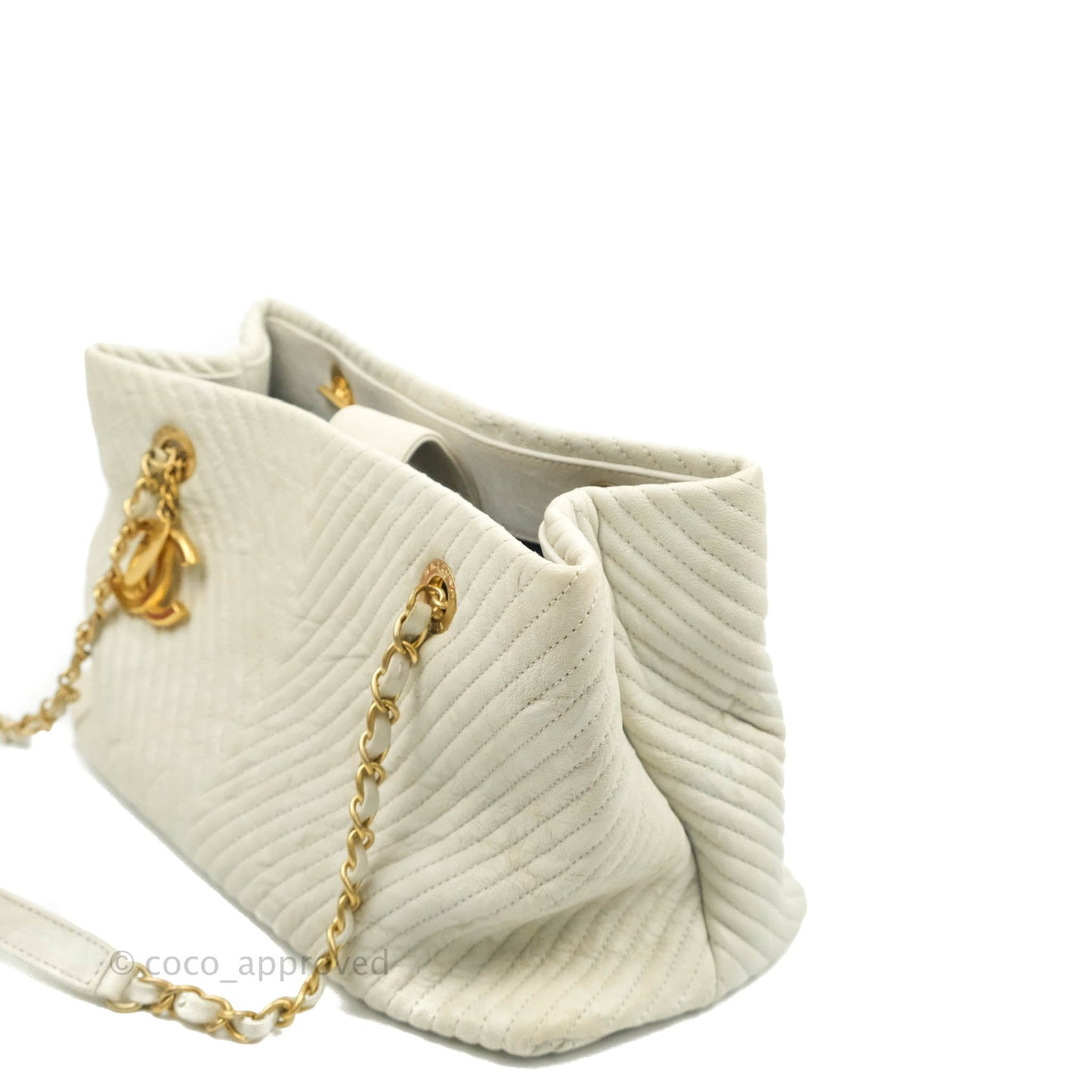Chanel Chevron Surpique Tote White Crumpled Calfskin Aged Gold Hardware