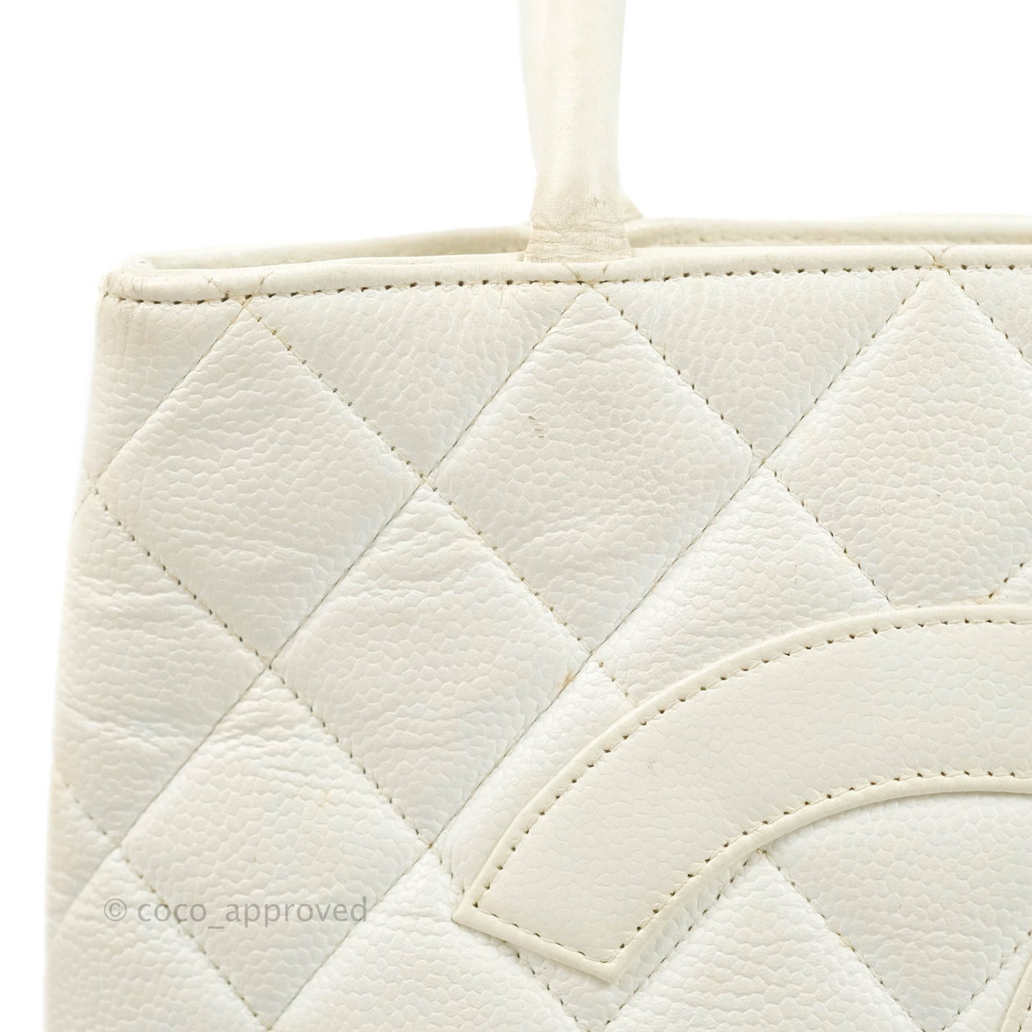 Chanel Vintage Medallion CC White Caviar Tote Bag Gold Hardware