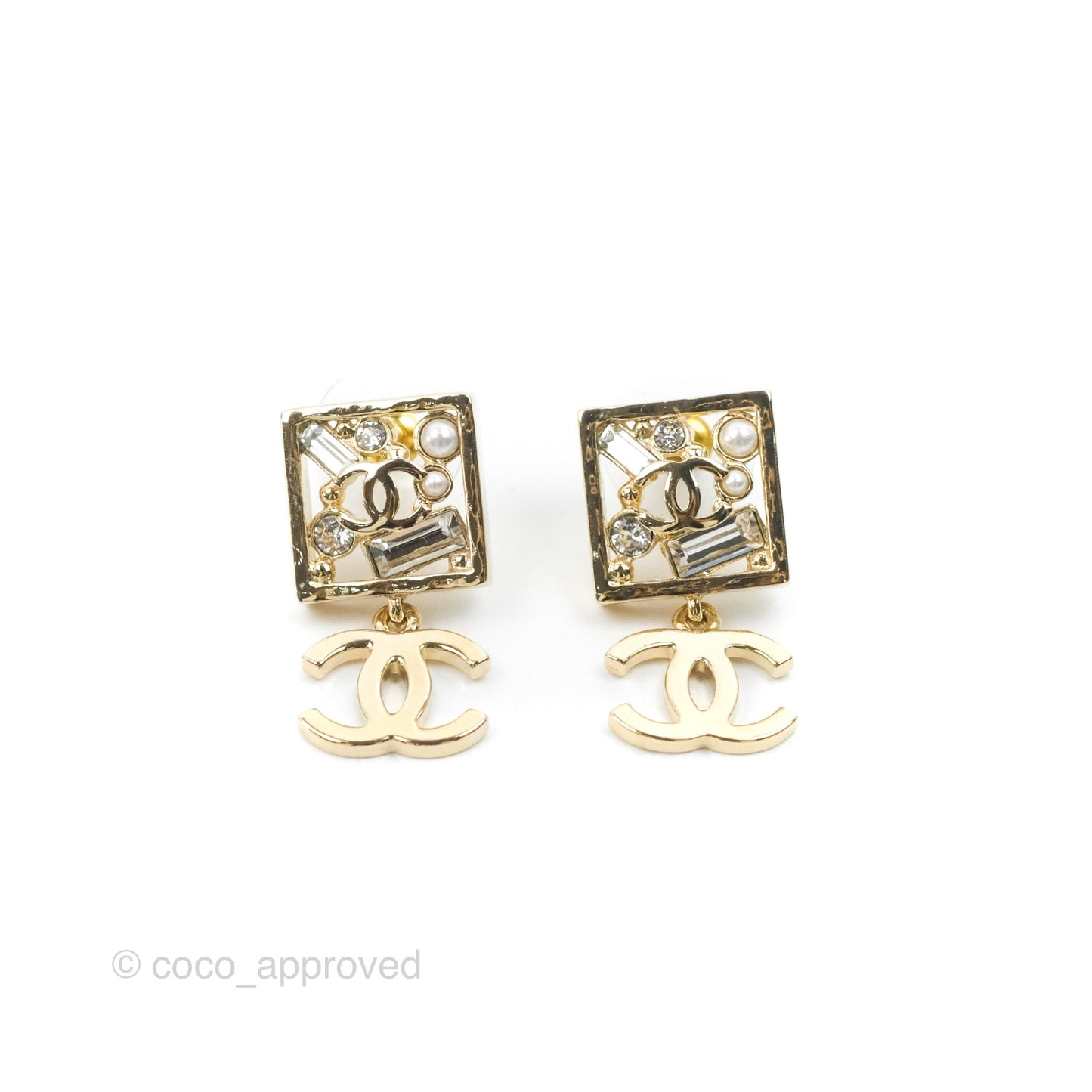Chanel Square Crystal Pearl CC Drop Earrings Gold Tone 22C