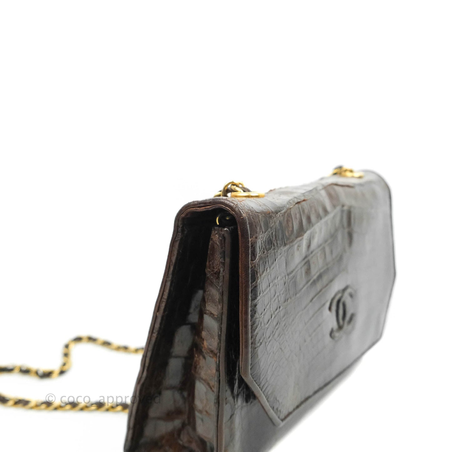 Chanel Vintage Brown Crocodile Leather Shoulder Bag Gold Hardware