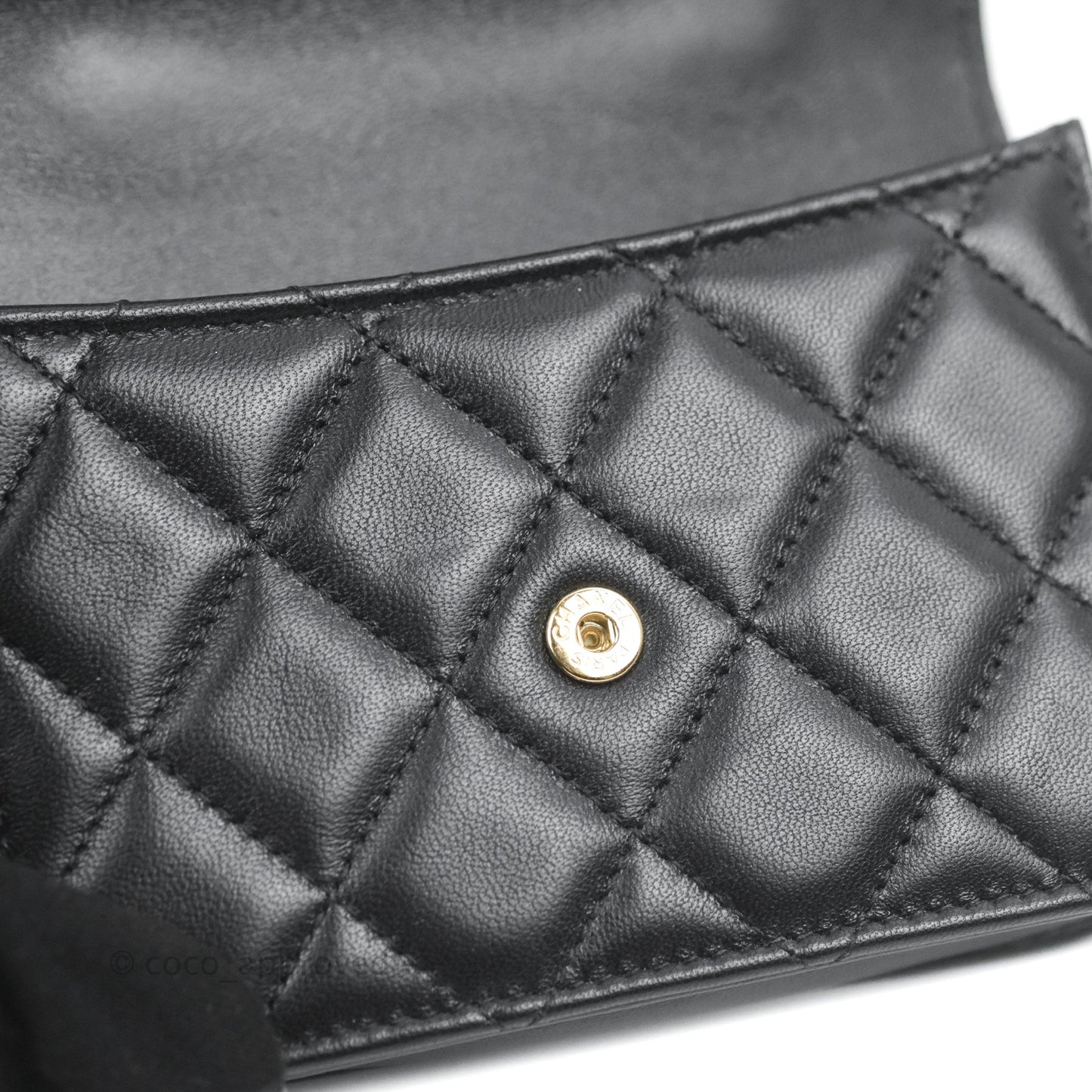 Chanel Mini Handle Flap Coin Purse With Chain Black Lambskin Gold Hardware