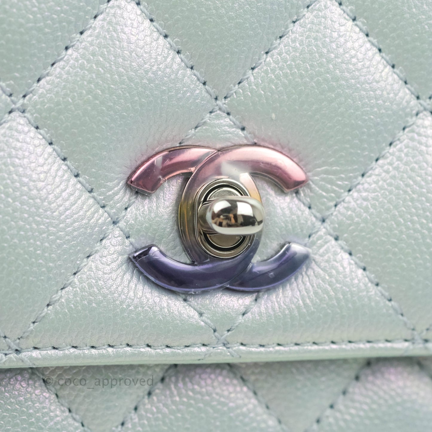 Chanel Mini Coco Handle Quilted Iridescent Light Blue Caviar Rainbow Hardware