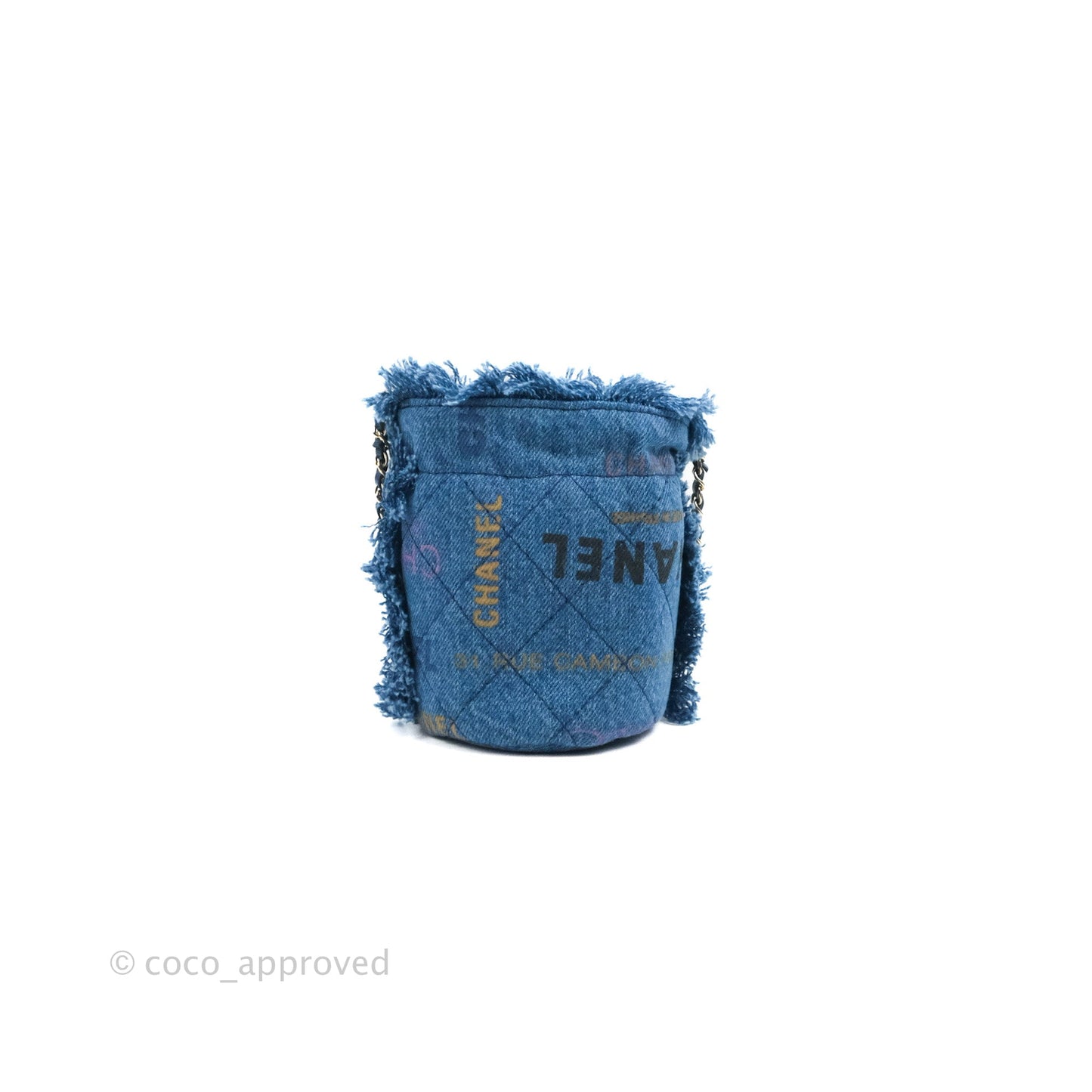 Chanel Mood Denim Mini Bucket Bag with Chain Blue Gold Hardware