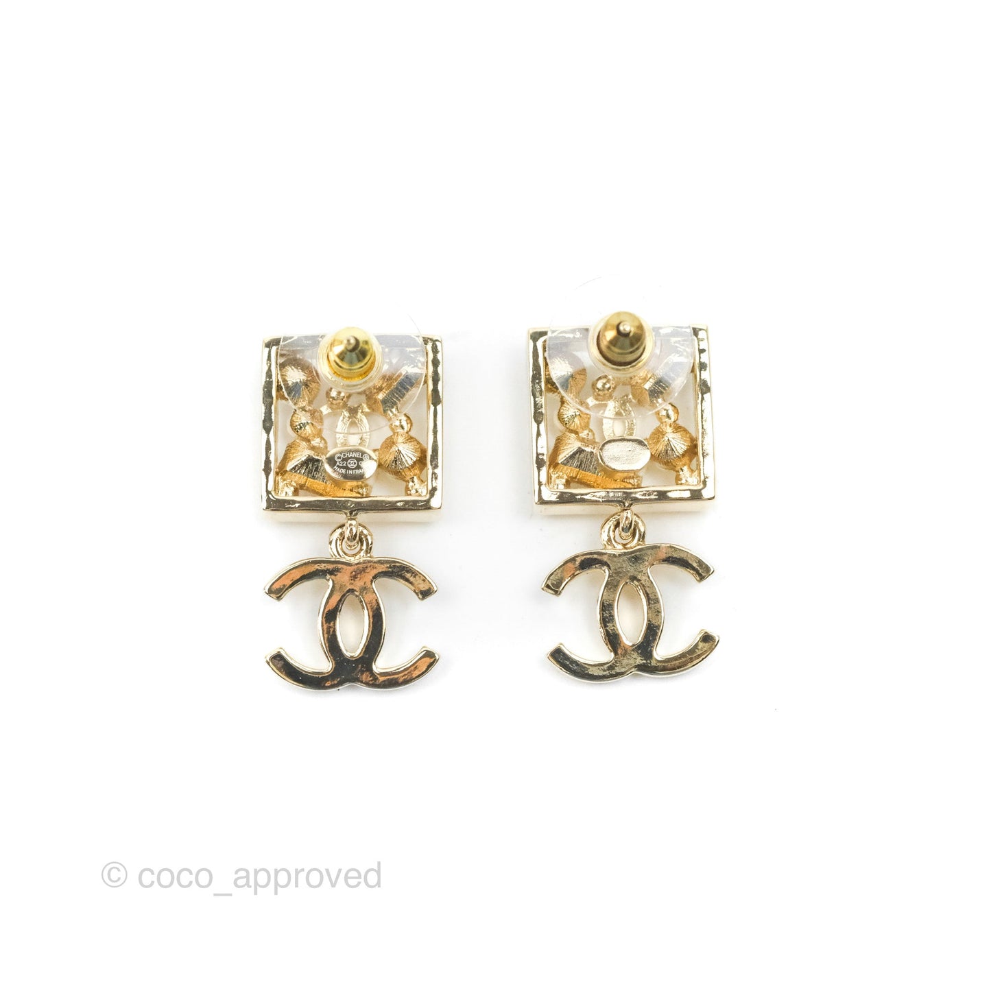 Chanel Square Crystal Pearl CC Drop Earrings Gold Tone 22C
