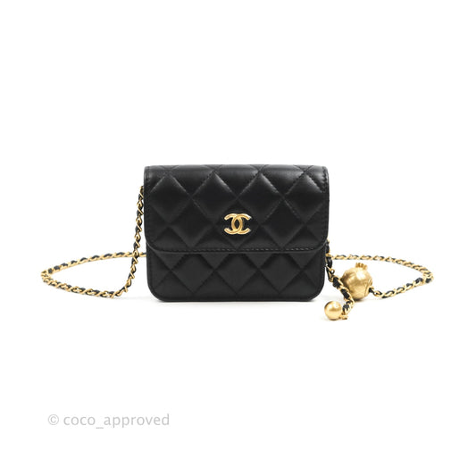 Chanel Pearl Crush Card Holder Black Lambskin Aged Gold Hardware