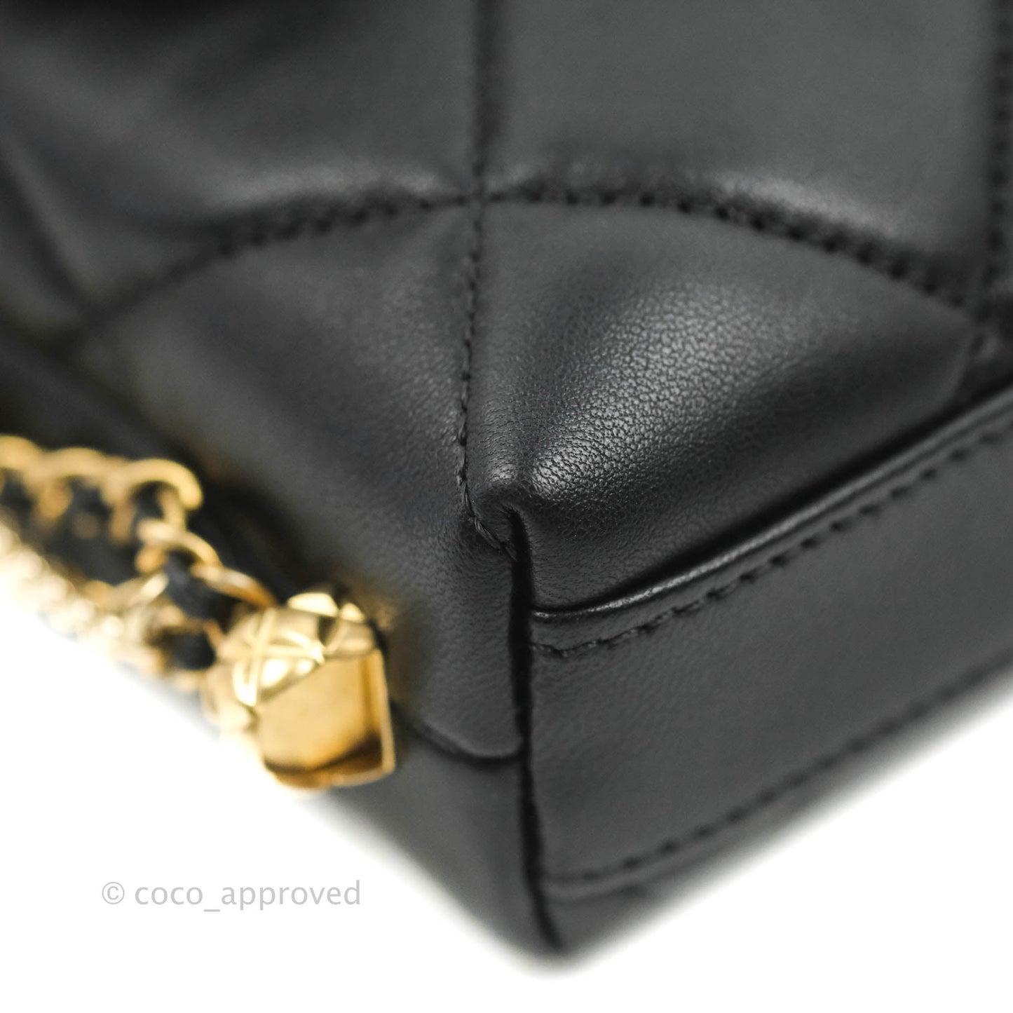Chanel Mini Flap Bag With Pearl And Woven Chain CC Logo Black Lambskin Aged Gold Hardware 21B