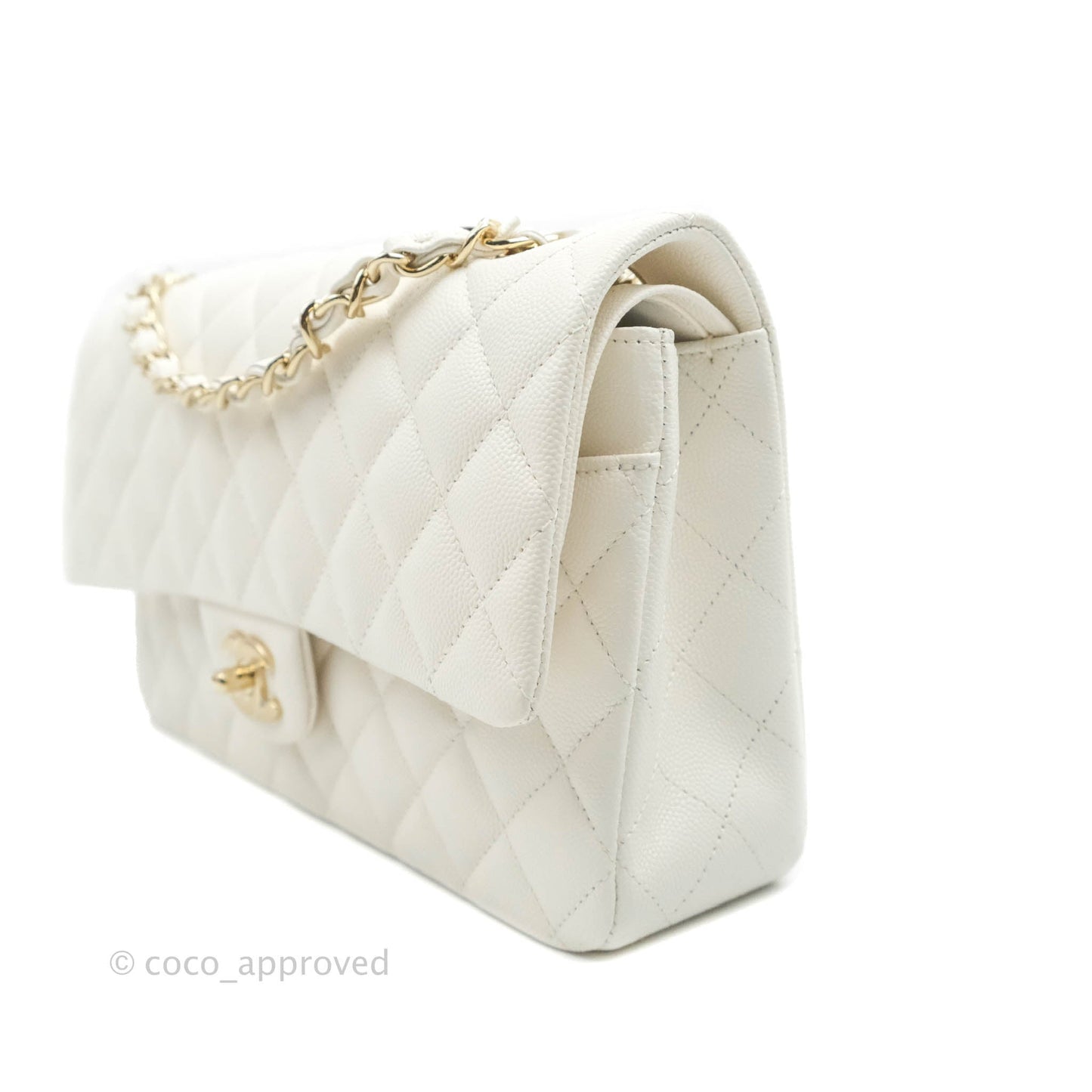 Chanel Classic M/L Medium Double Flap White Caviar Gold Hardware 21B