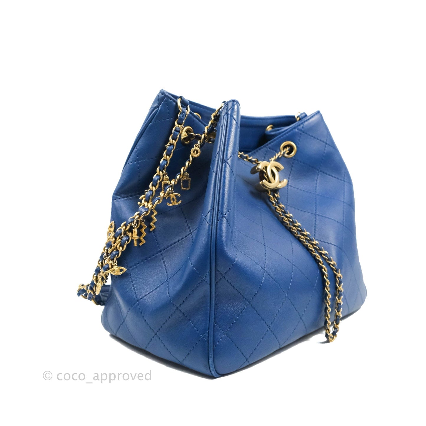 Chanel Egyptian Amulet Drawstring Bucket Bag Navy Aged Gold Hardware