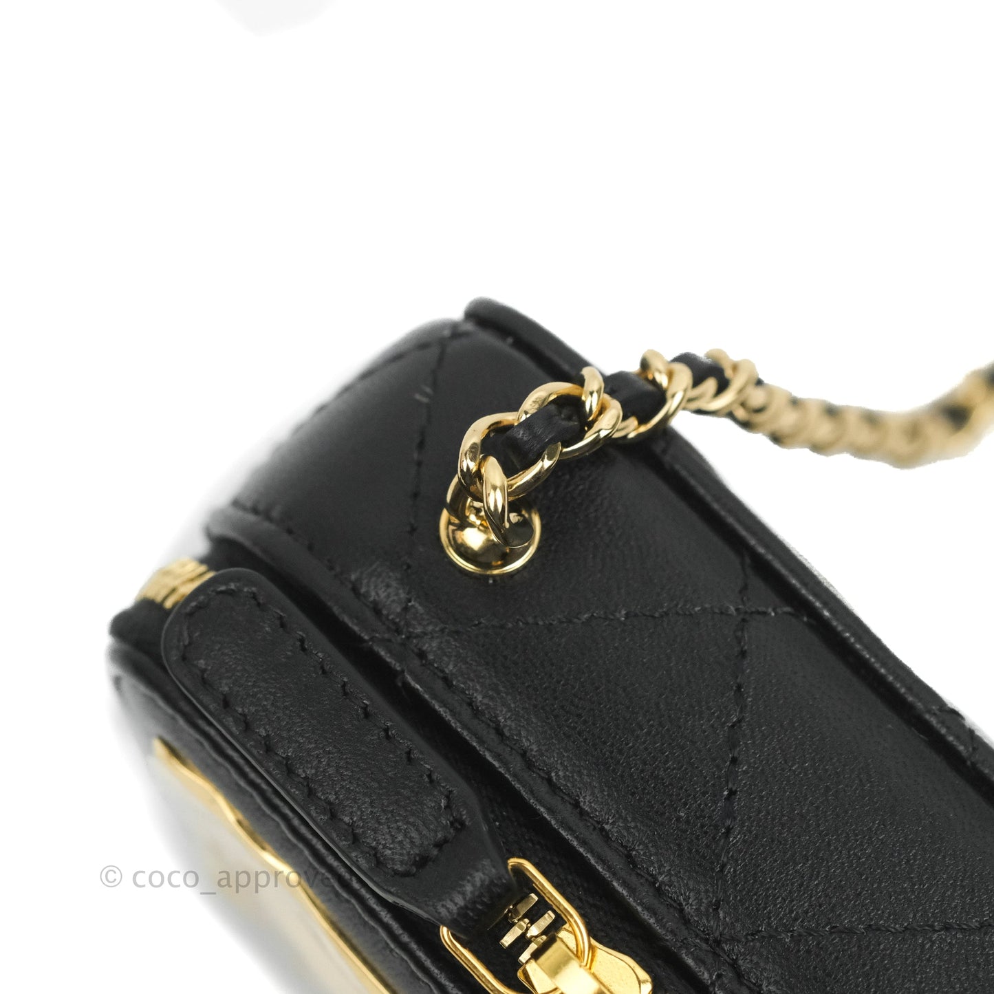 Chanel Quilted Mini Golden Plate Vanity Case With Chain Black Lambskin Gold Hardware