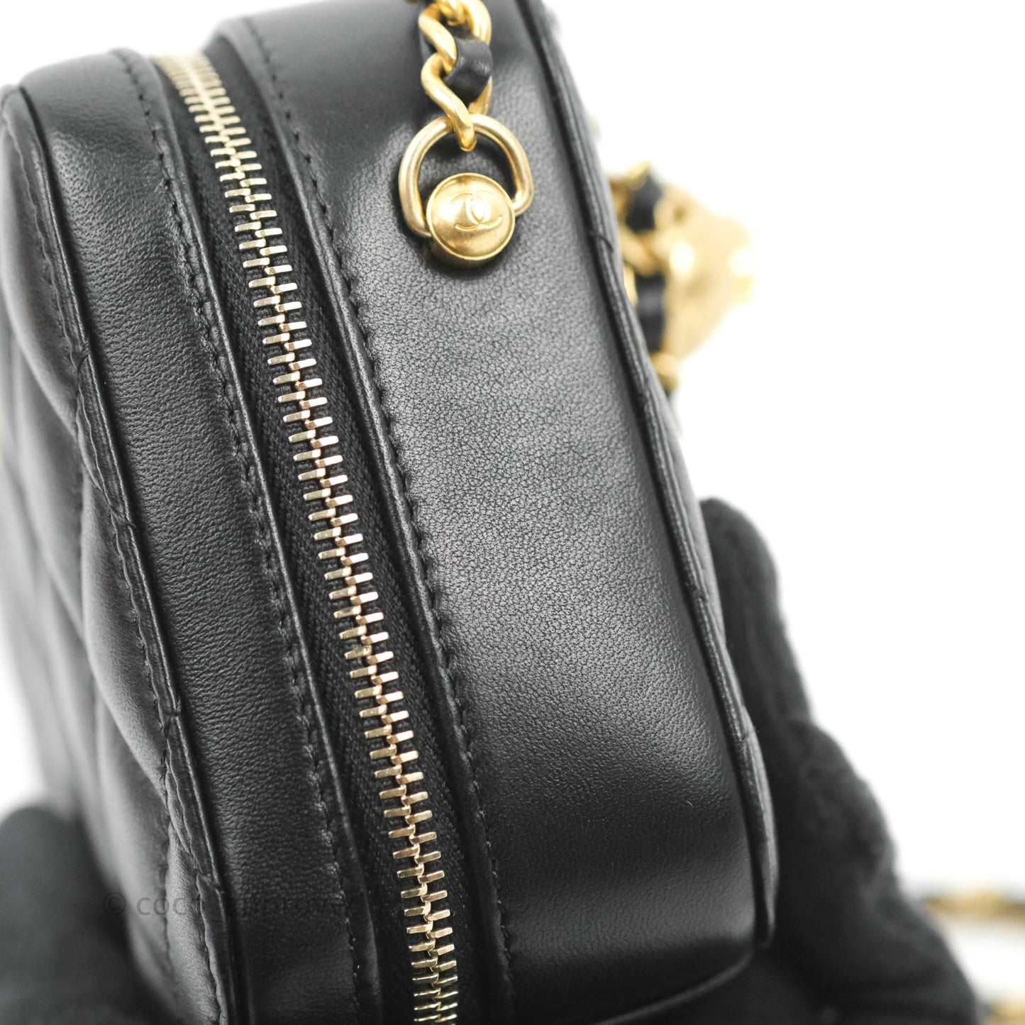 Chanel Mini Pearl Crush Quilted Camera Case Black Lambskin Aged Gold Hardware