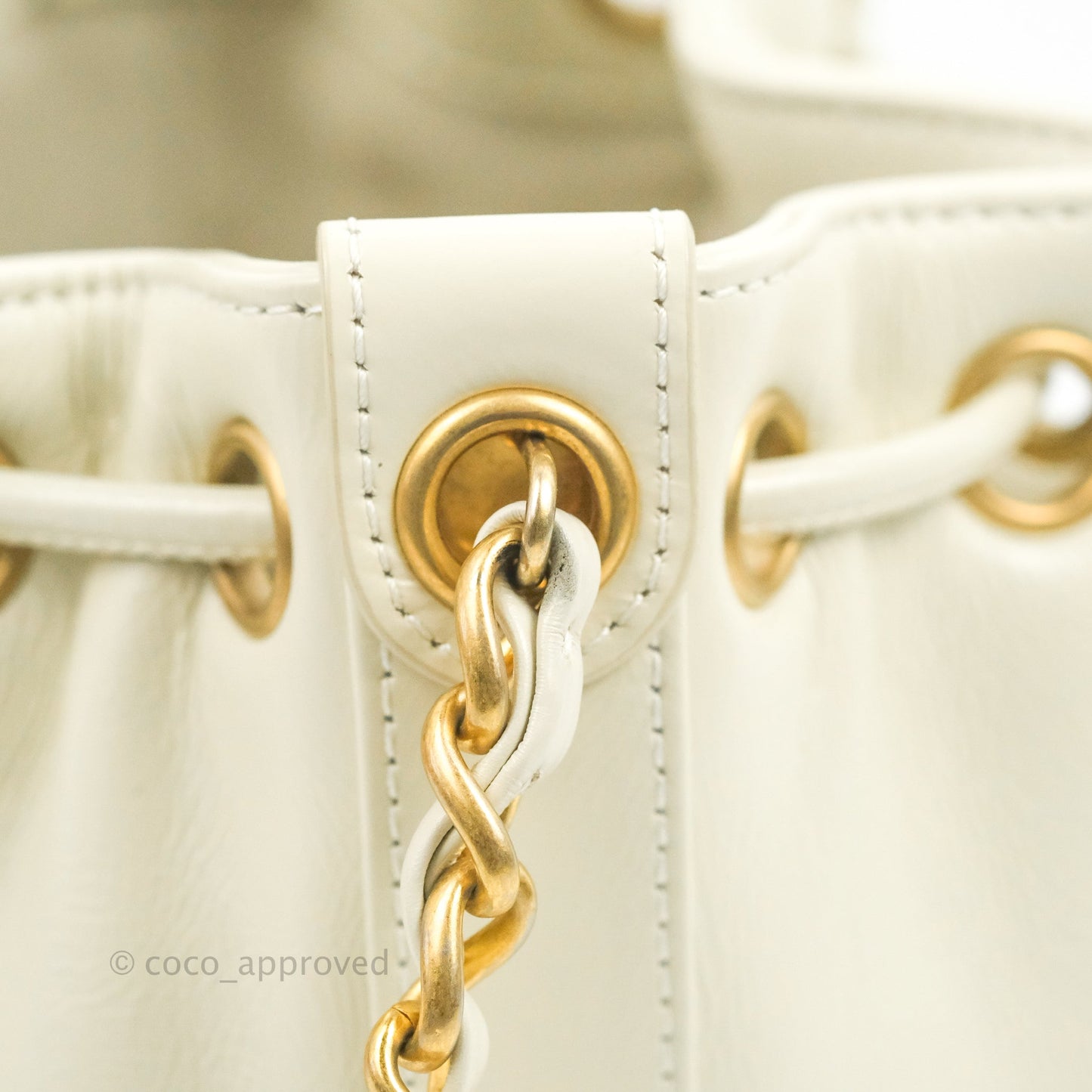 Chanel CC Small Drawstring Bucket Bag White Calfskin Aged Gold Hardware