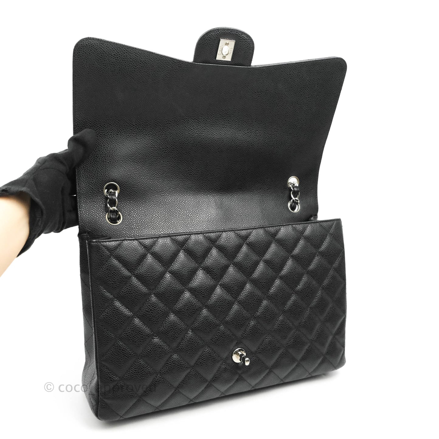 Chanel Quilted Maxi Single Flap Black Caviar Silver Hardware
