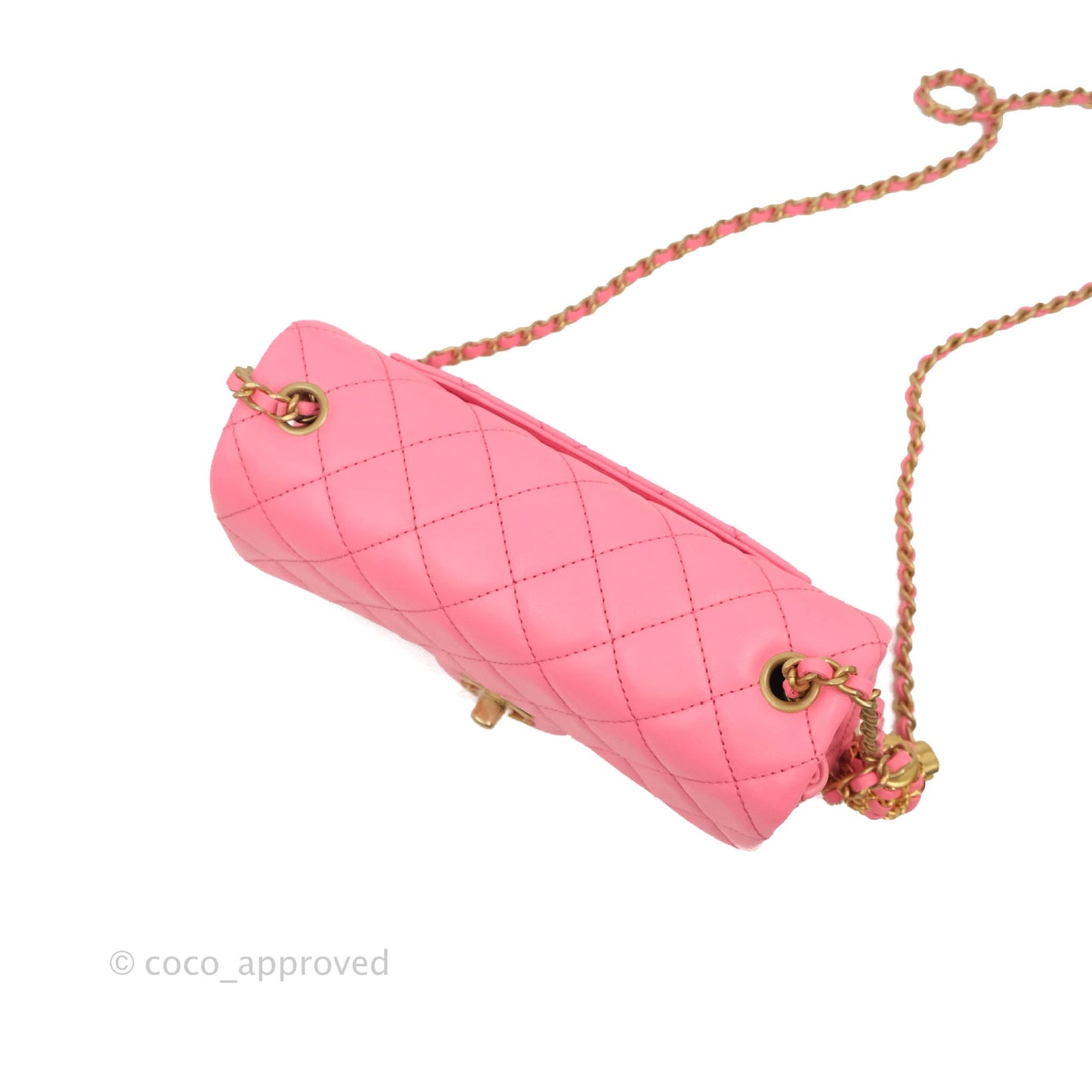 Chanel Mini Rectangular Pearl Crush Quilted Pink Lambskin Aged Gold Hardware