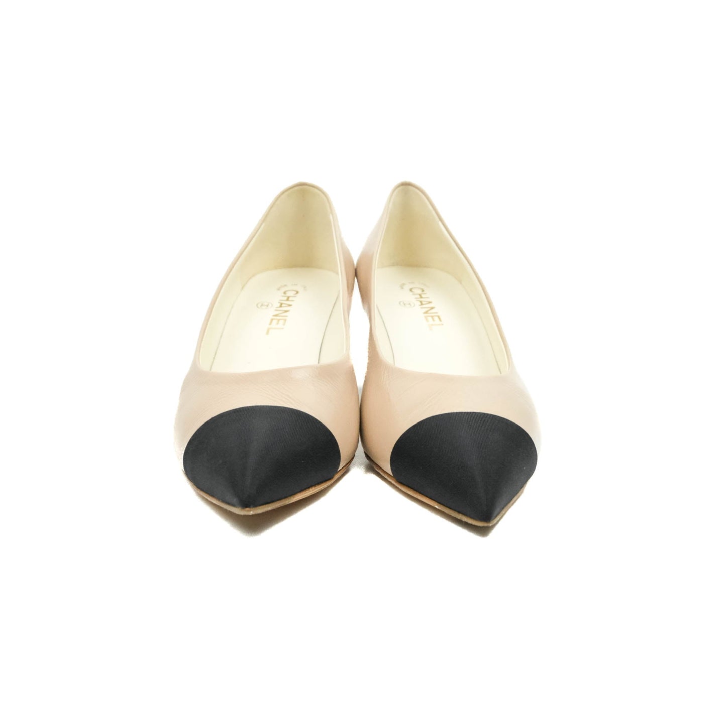 Chanel Beige Toe Pointed Black Pump Heels With CC Pearl Size 41
