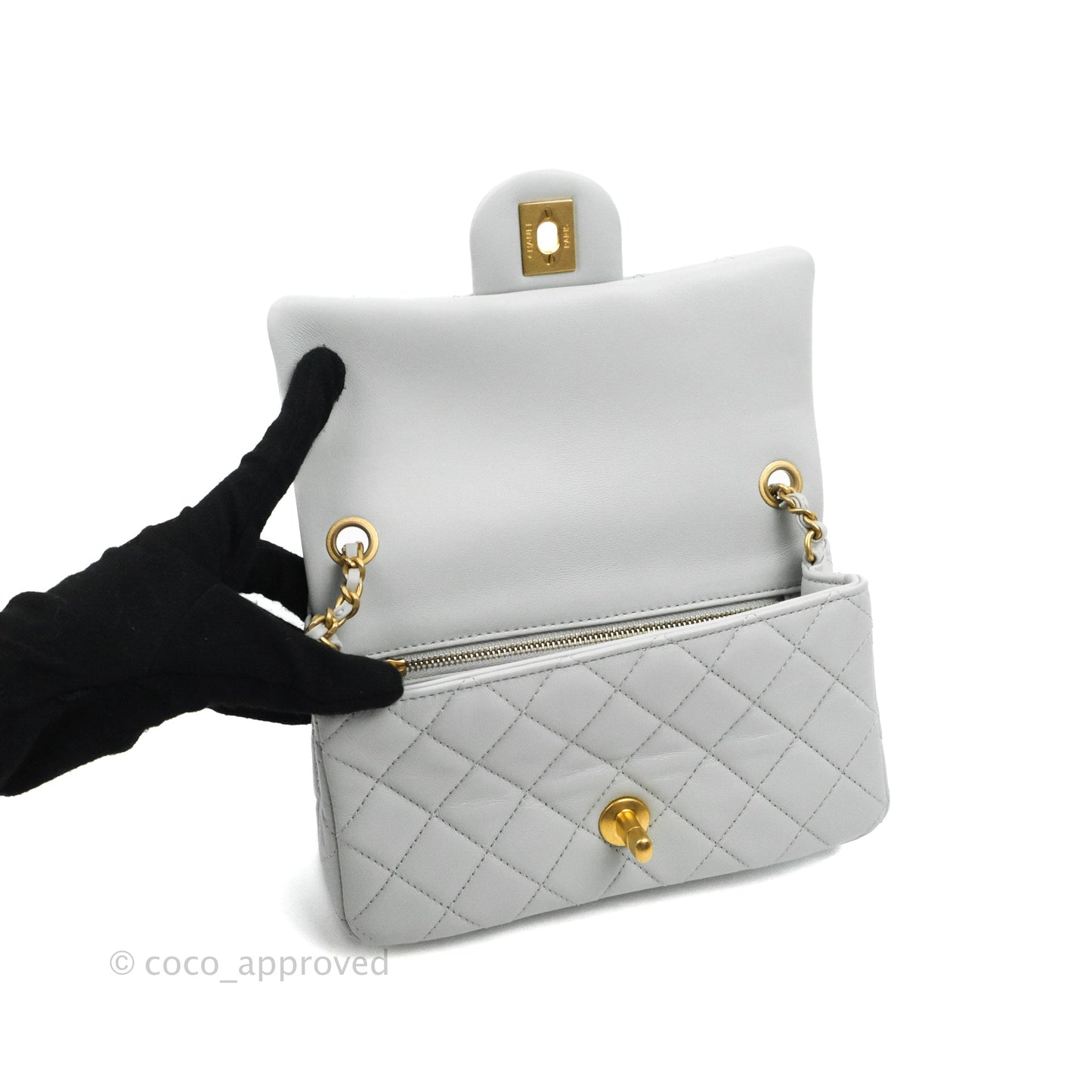 Chanel Quilted Mini Rectangular Pearl Crush Light Grey Lambskin Aged Gold Hardware