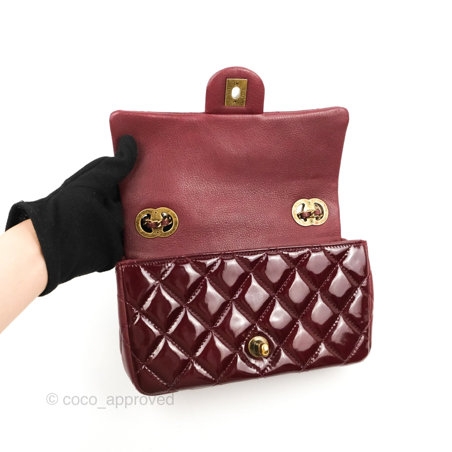 Chanel Quilted CC Eyelet Flap Burgundy Patent Goatskin Antique Gold Hardware