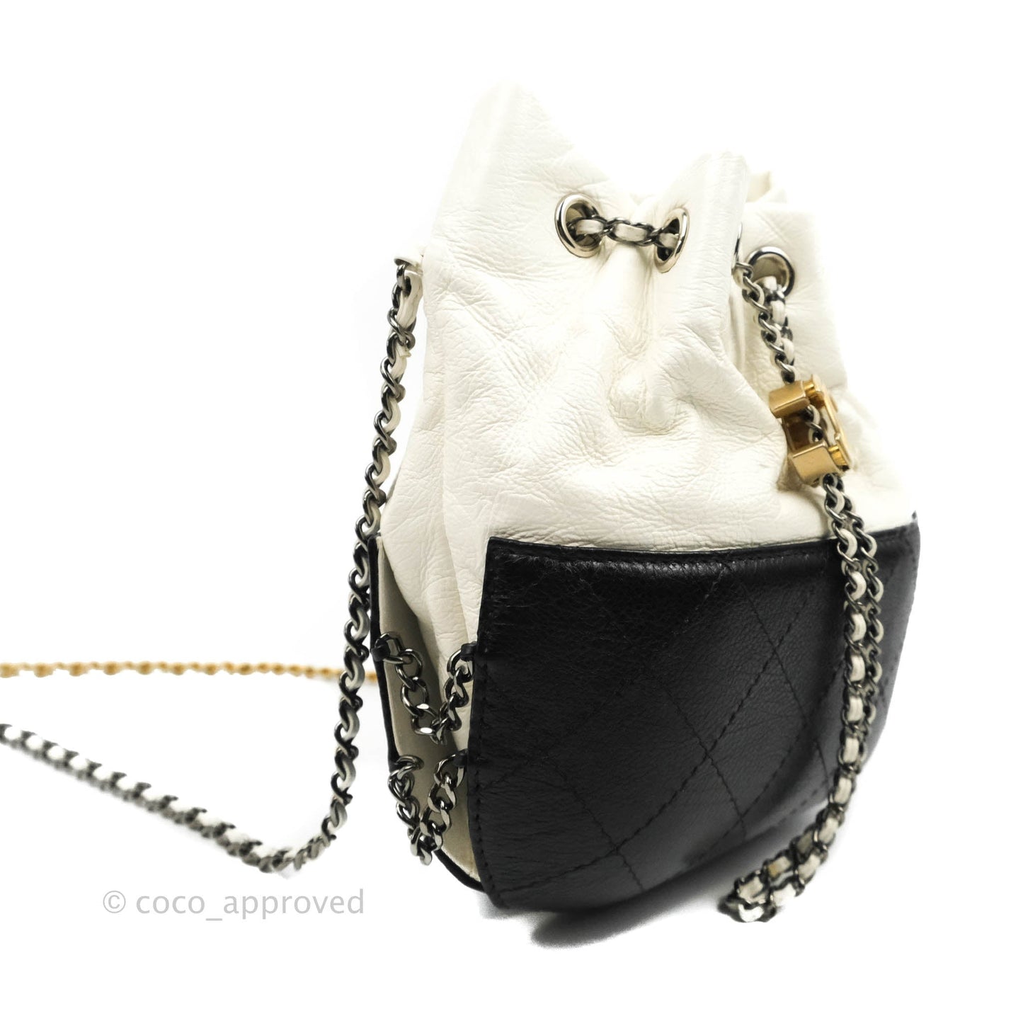 Chanel Small Gabrielle Drawstring Bag White Black Calfskin