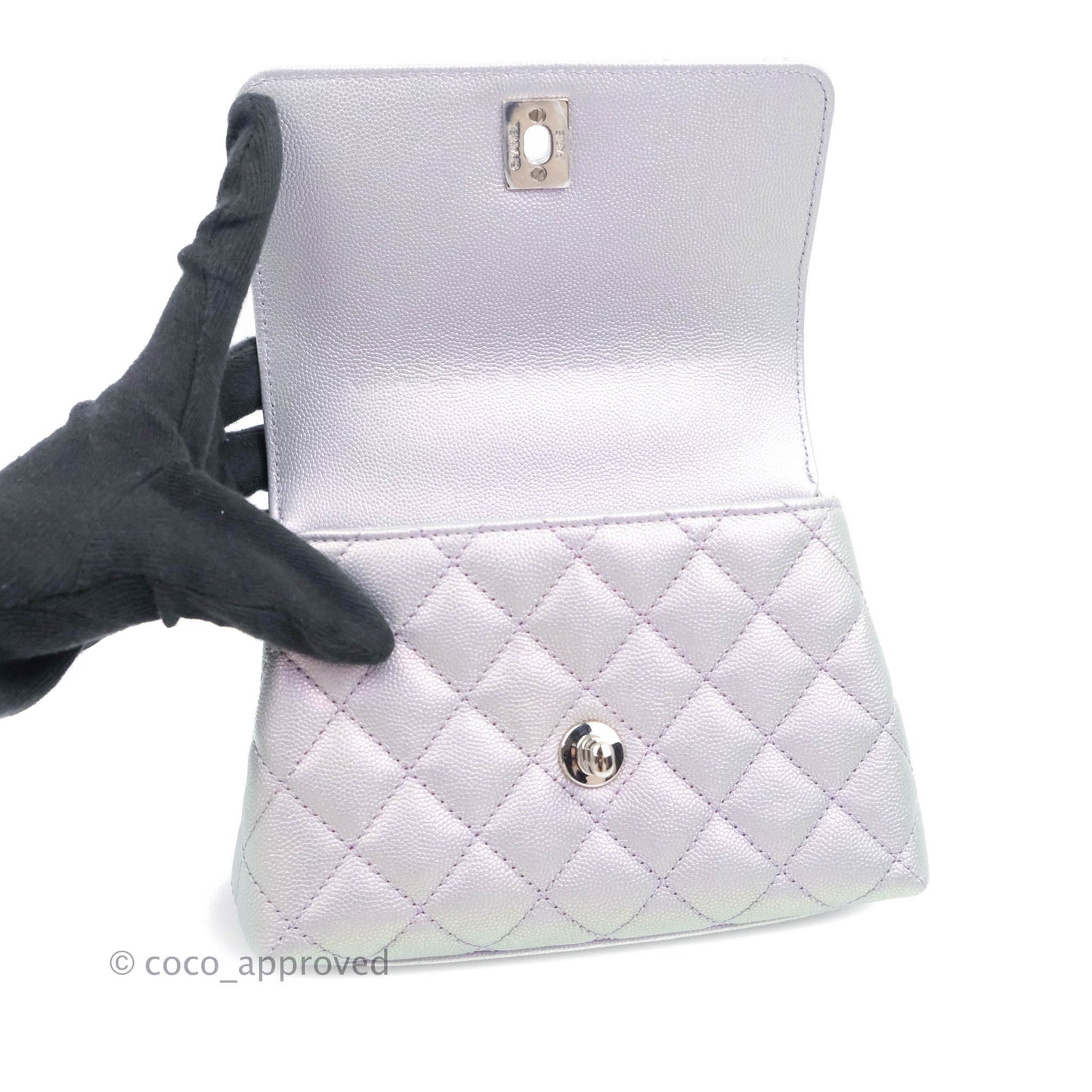 Chanel Mini Coco Handle Quilted Iridescent Lilac Caviar Rainbow Hardware