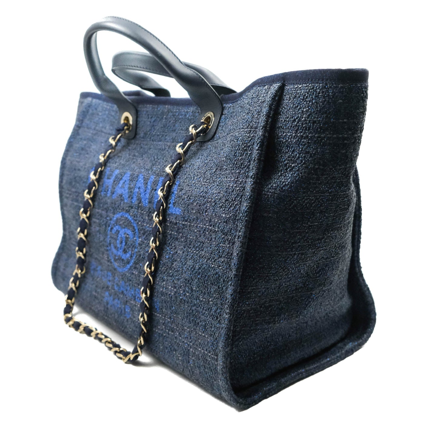 Chanel Large Deauville Navy Blue Glitter Canvas Gold Hardware