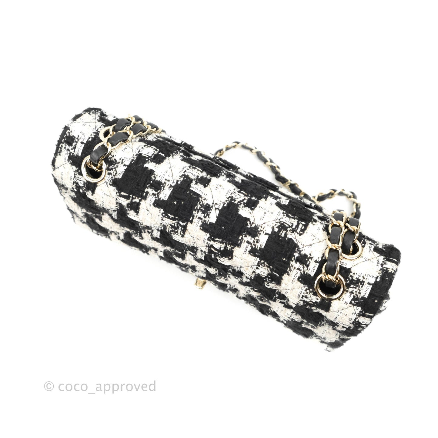 Chanel Quilted M/L Medium Double Flap Black White Houndstooth Tweed Gold Hardware