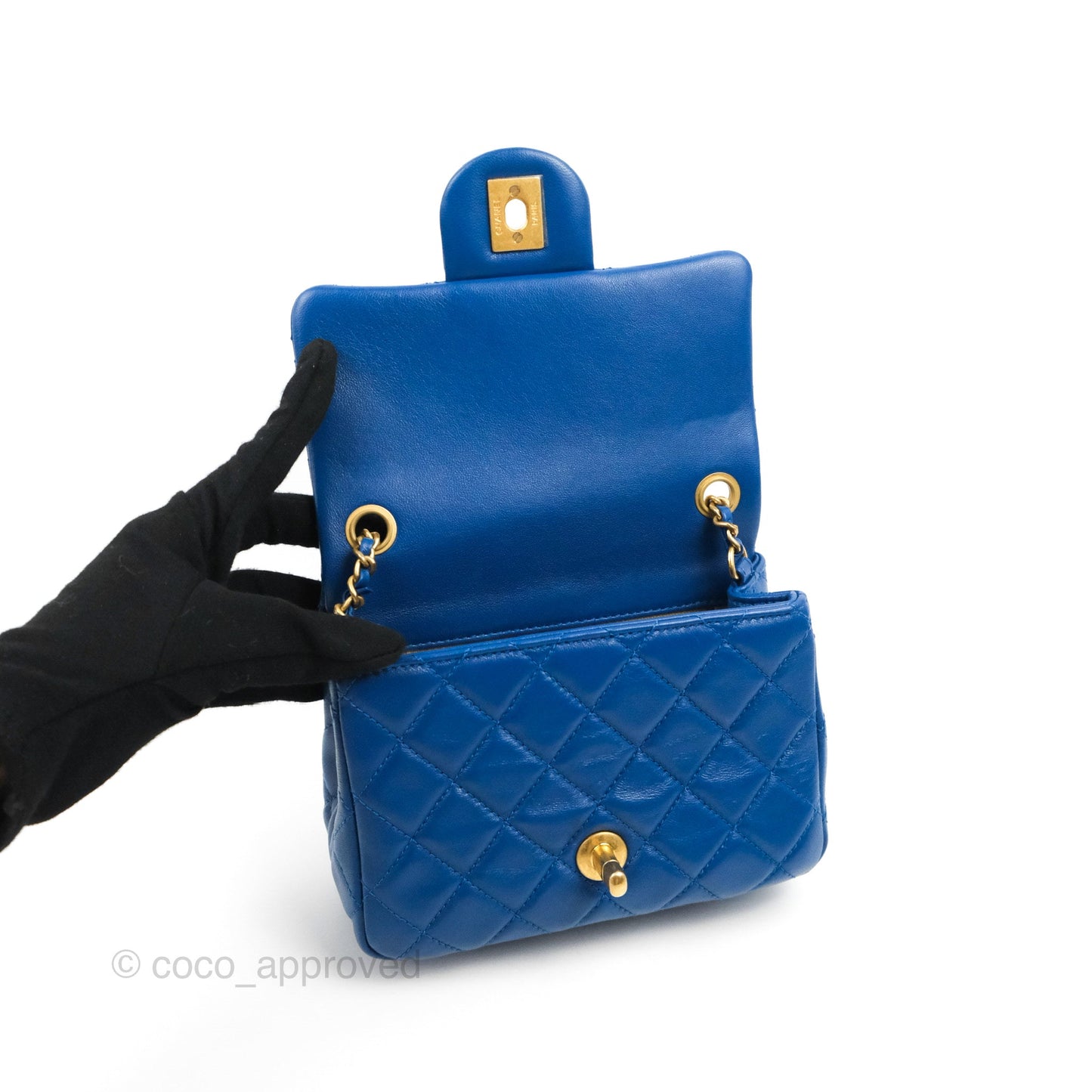 Chanel Mini Square Pearl Crush Quilted Blue Lambskin Aged Gold Hardware