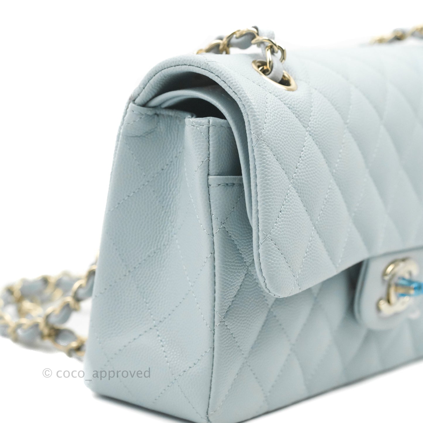 Chanel Small Classic Quilted Flap Light Blue Caviar Gold Hardware