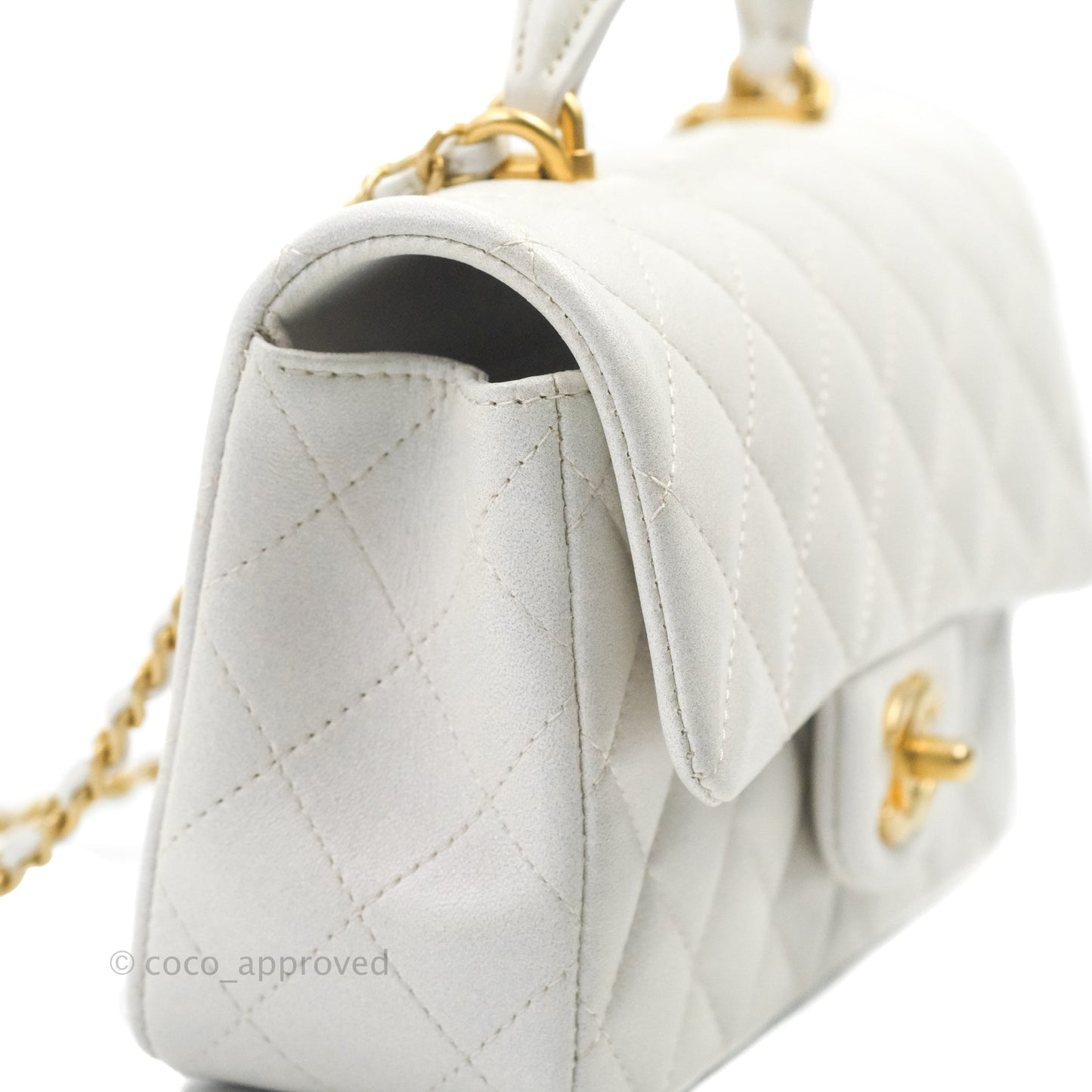 Chanel Top Handle Mini Rectangular Flap Bag Iridescent White Lambskin Aged Gold Hardware