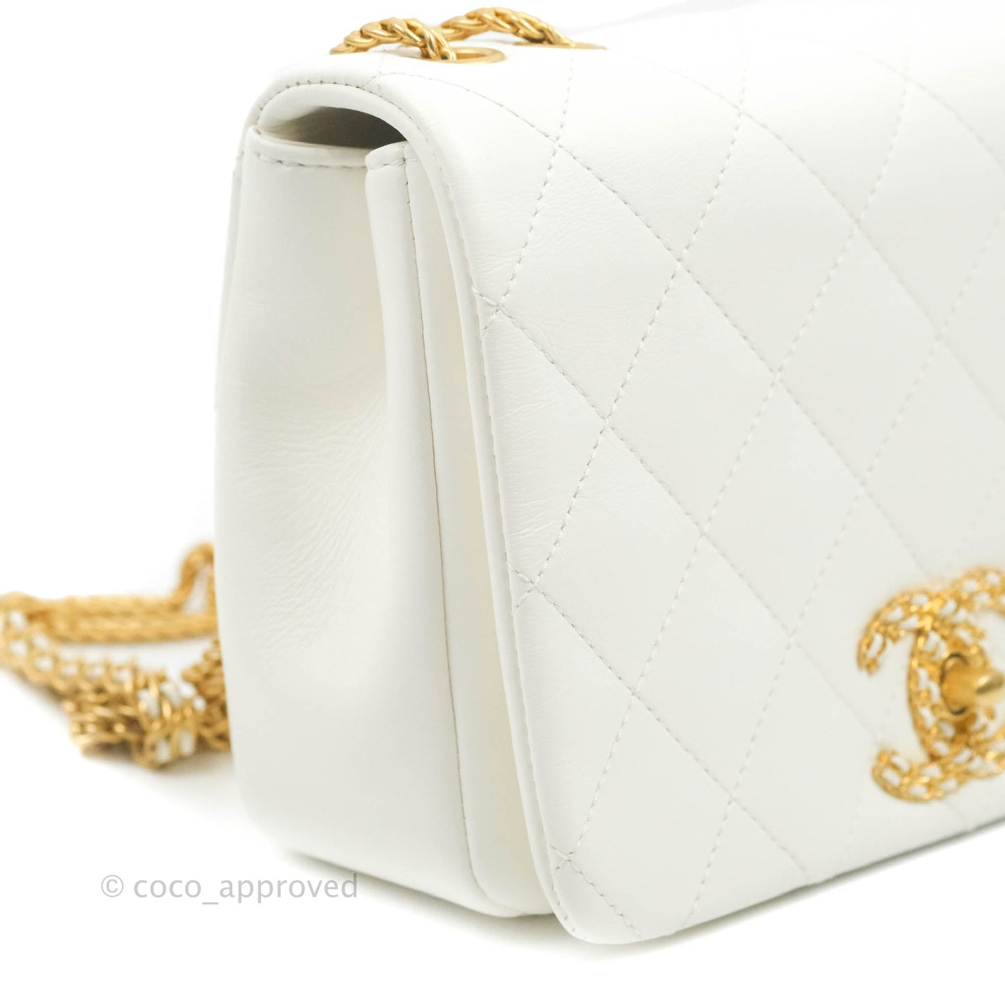 Chanel Large White Flap Bag With Woven CC Logo Lambskin Gold Hardware 22C