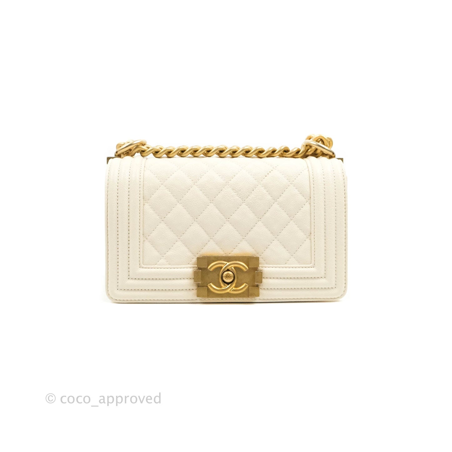 Chanel Boy Small Quilted White Caviar Aged Gold Hardware