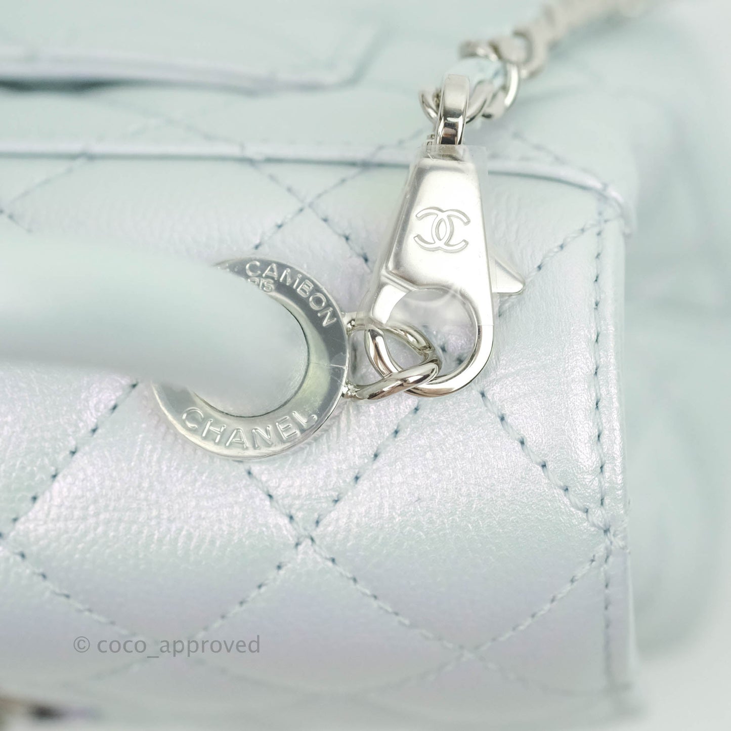 Chanel Mini Coco Handle Quilted Iridescent Light Blue Caviar Rainbow Hardware