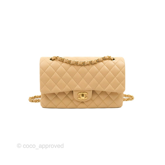Chanel Classic M/L Medium Flap Quilted Beige Lambskin Gold Hardware