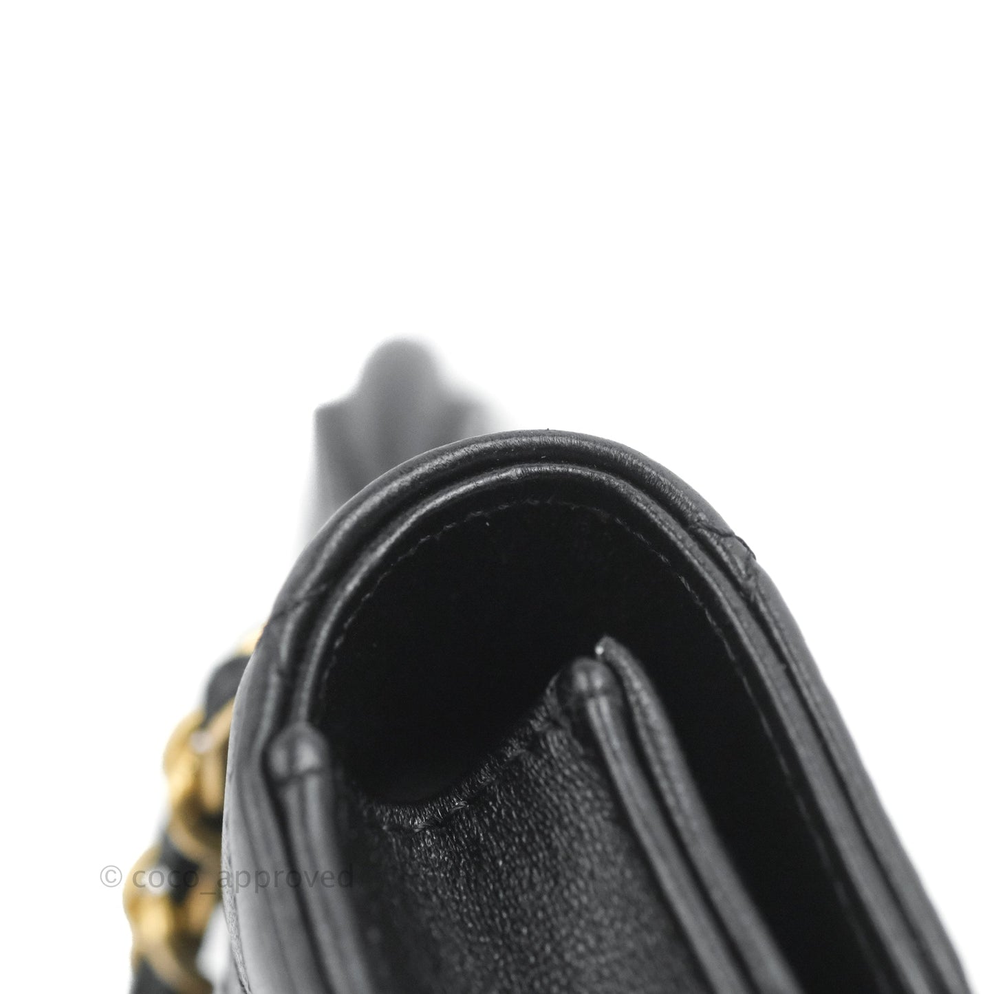 Chanel Mini Handle Flap Coin Purse With Chain Black Lambskin Gold Hardware