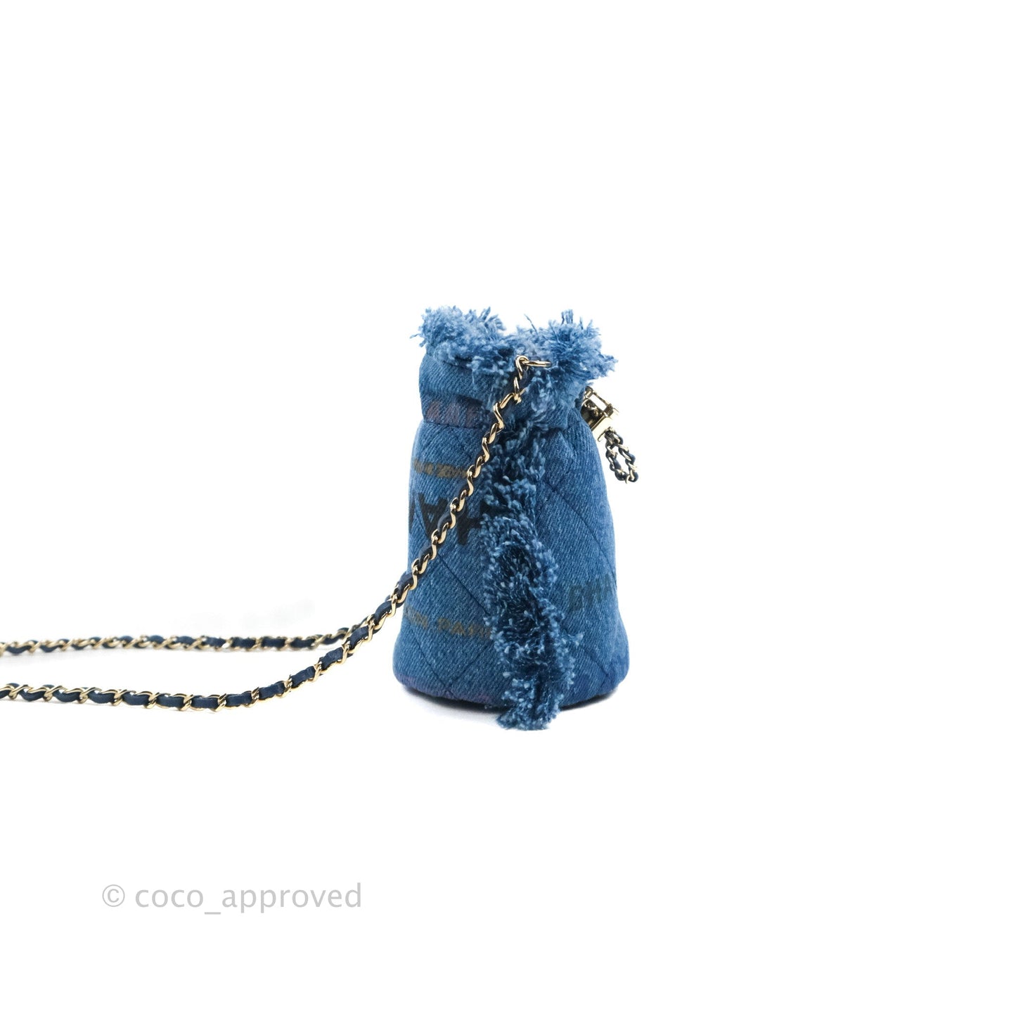 Chanel Mood Denim Mini Bucket Bag with Chain Blue Gold Hardware