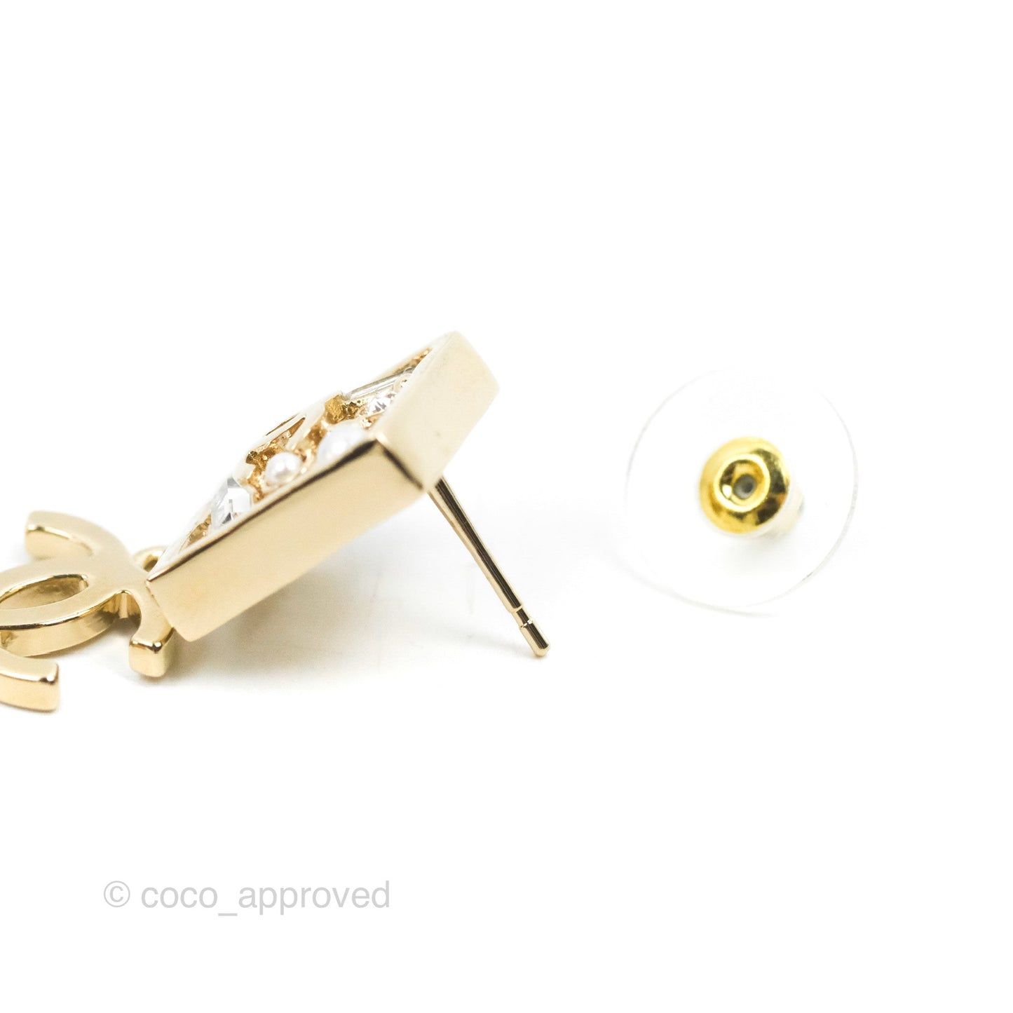 Chanel Square Crystal Pearl CC Drop Earrings Gold Tone 22C